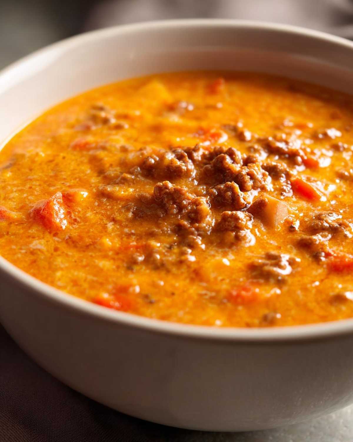 Close-up of a bowl filled with creamy, orange-hued cheeseburger soup, featuring ground beef and chunks of vegetables.