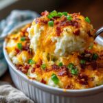 A spoonful of cheesy baked mashed potatoes topped with bacon bits and green onions being lifted from a white casserole dish.