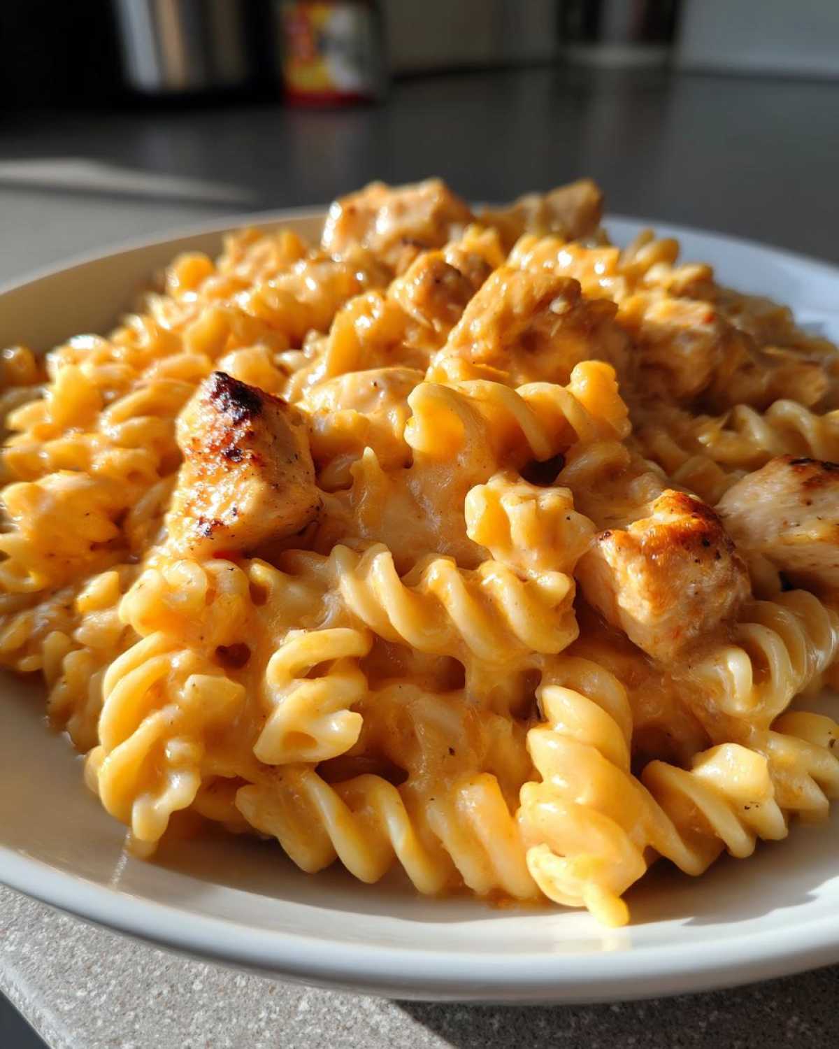 A close-up shot of creamy, orange-sauced cheesy chicken pasta made with rotini noodles.