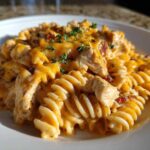 A close-up serving of cheesy chicken pasta featuring rotini noodles, chunks of chicken, and melted cheddar cheese.