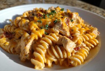 A close-up serving of cheesy chicken pasta featuring rotini noodles, chunks of chicken, and melted cheddar cheese.