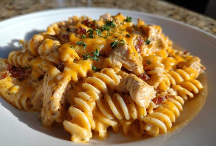 A close-up serving of cheesy chicken pasta featuring rotini noodles, chunks of chicken, and melted cheddar cheese.