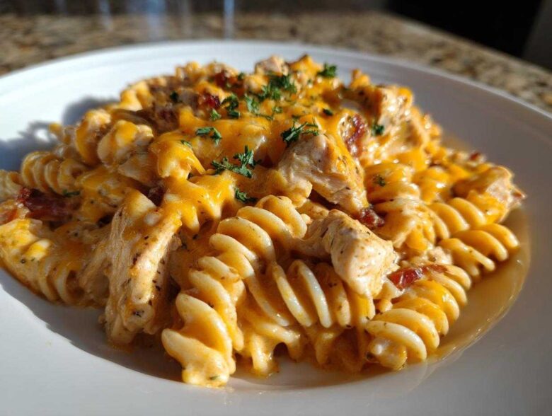 A close-up serving of cheesy chicken pasta featuring rotini noodles, chunks of chicken, and melted cheddar cheese.