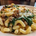 A close-up of a serving of cheesy ground turkey pasta featuring elbow macaroni, browned ground turkey, and wilted spinach.