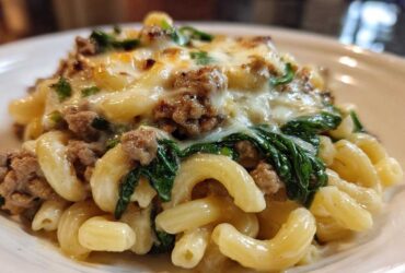 A close-up of a serving of cheesy ground turkey pasta featuring elbow macaroni, browned ground turkey, and wilted spinach.