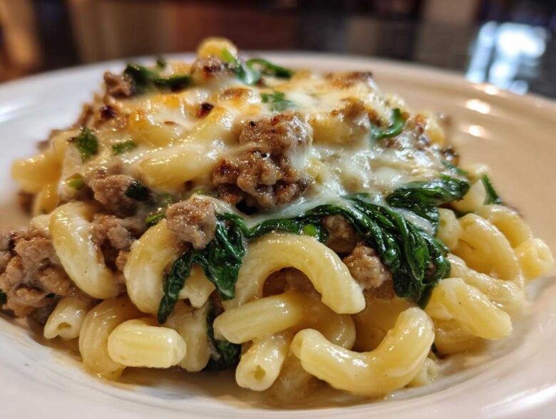 A close-up of a serving of cheesy ground turkey pasta featuring elbow macaroni, browned ground turkey, and wilted spinach.