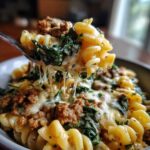 A spoonful of creamy ground turkey pasta with melted cheese stretching between the spoon and the bowl.