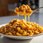 A spoonful of creamy, cheesy homemade hamburger helper being lifted above a plate full of the dish.