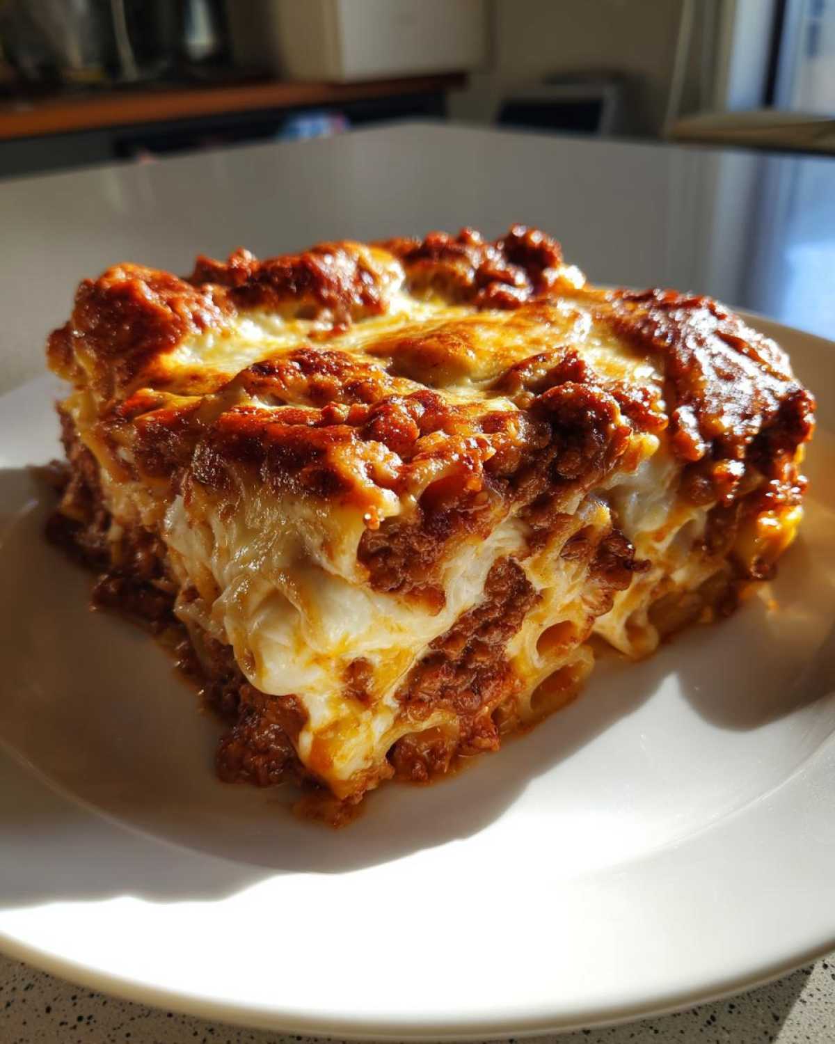 Close-up of a layered slice of cheesy meat sauce pasta bake, showing rich sauce and melted cheese.