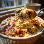 A spoonful of hot, cheesy stuffed mushroom dip being lifted from a white ramekin with a browned, bubbly top.
