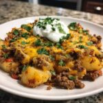 A close-up of Cheesy Taco Potatoes topped with melted cheddar, ground beef, and a dollop of sour cream and cilantro.