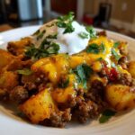 A close-up of Cheesy Taco Potatoes featuring seasoned ground beef, golden potatoes, melted cheddar cheese, and a dollop of sour cream.