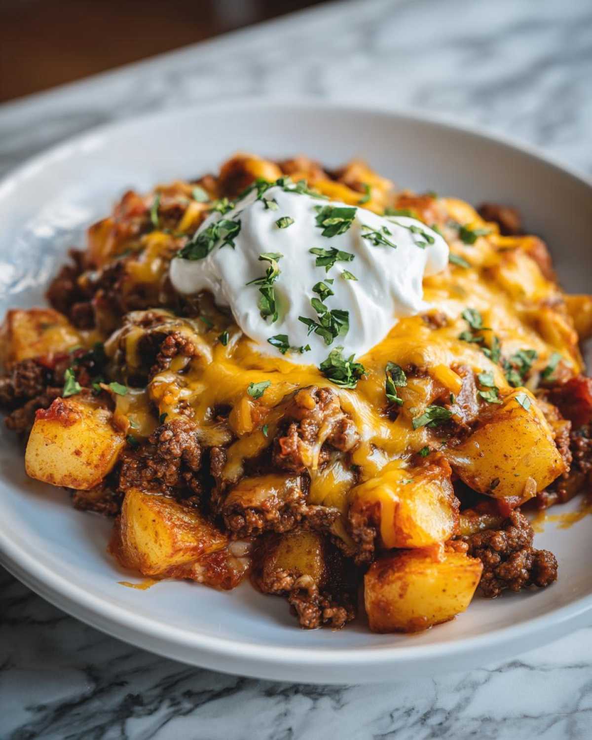 A close-up of Cheesy Taco Potatoes featuring seasoned ground beef, golden potatoes, melted cheddar cheese, and a dollop of sour cream.