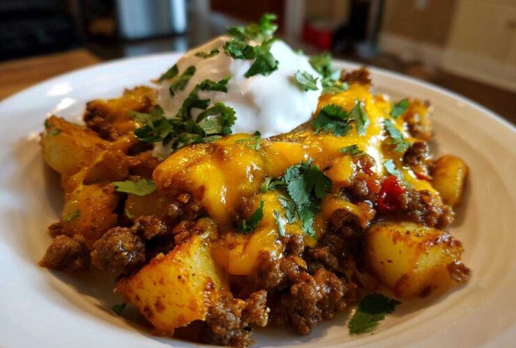 A close-up of Cheesy Taco Potatoes featuring seasoned ground beef, golden potatoes, melted cheddar cheese, and a dollop of sour cream.