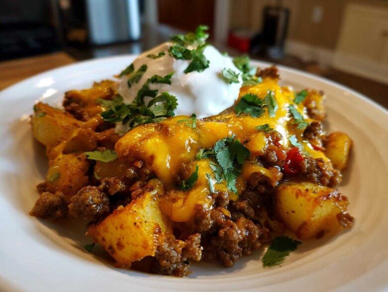 A close-up of Cheesy Taco Potatoes featuring seasoned ground beef, golden potatoes, melted cheddar cheese, and a dollop of sour cream.