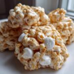 Close-up of three golden-brown avalanche cookies made with cereal and marshmallows, sitting on a white plate.