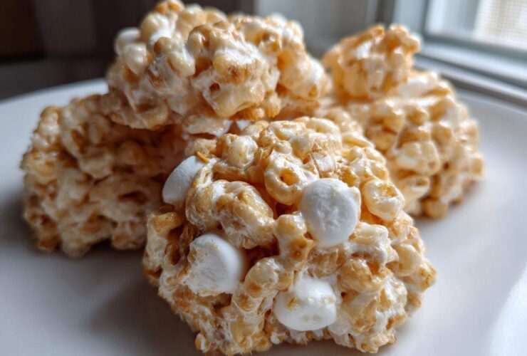 Close-up of three golden-brown avalanche cookies made with cereal and marshmallows, sitting on a white plate.