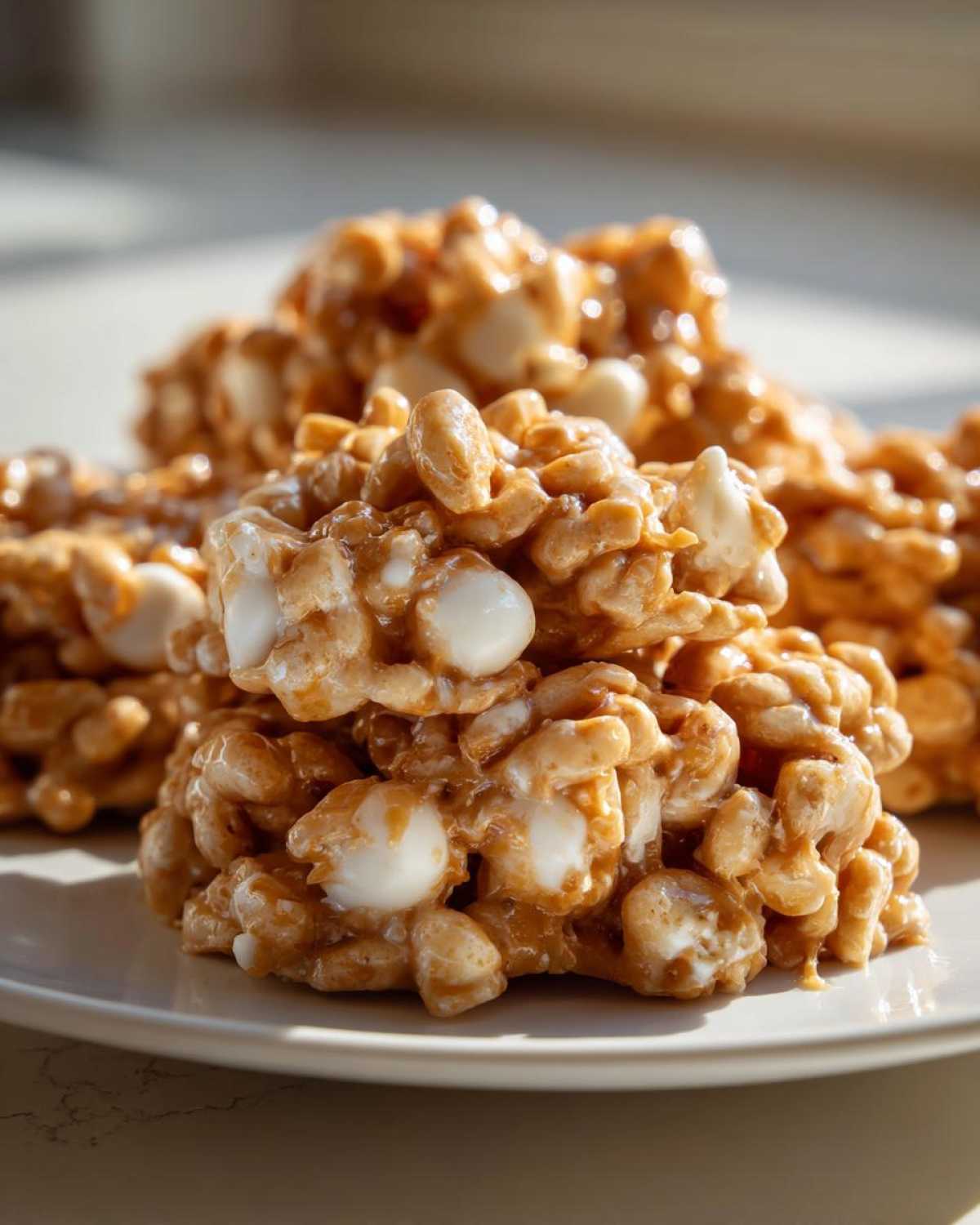A close-up stack of gooey avalanche cookies featuring puffed rice cereal and white chocolate chips, coated in a caramel-like binder.