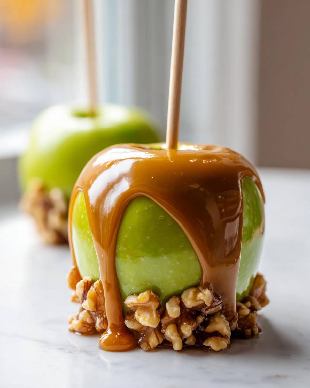 A close-up of a glossy caramel apple dipped in chopped walnuts, ready to eat.
