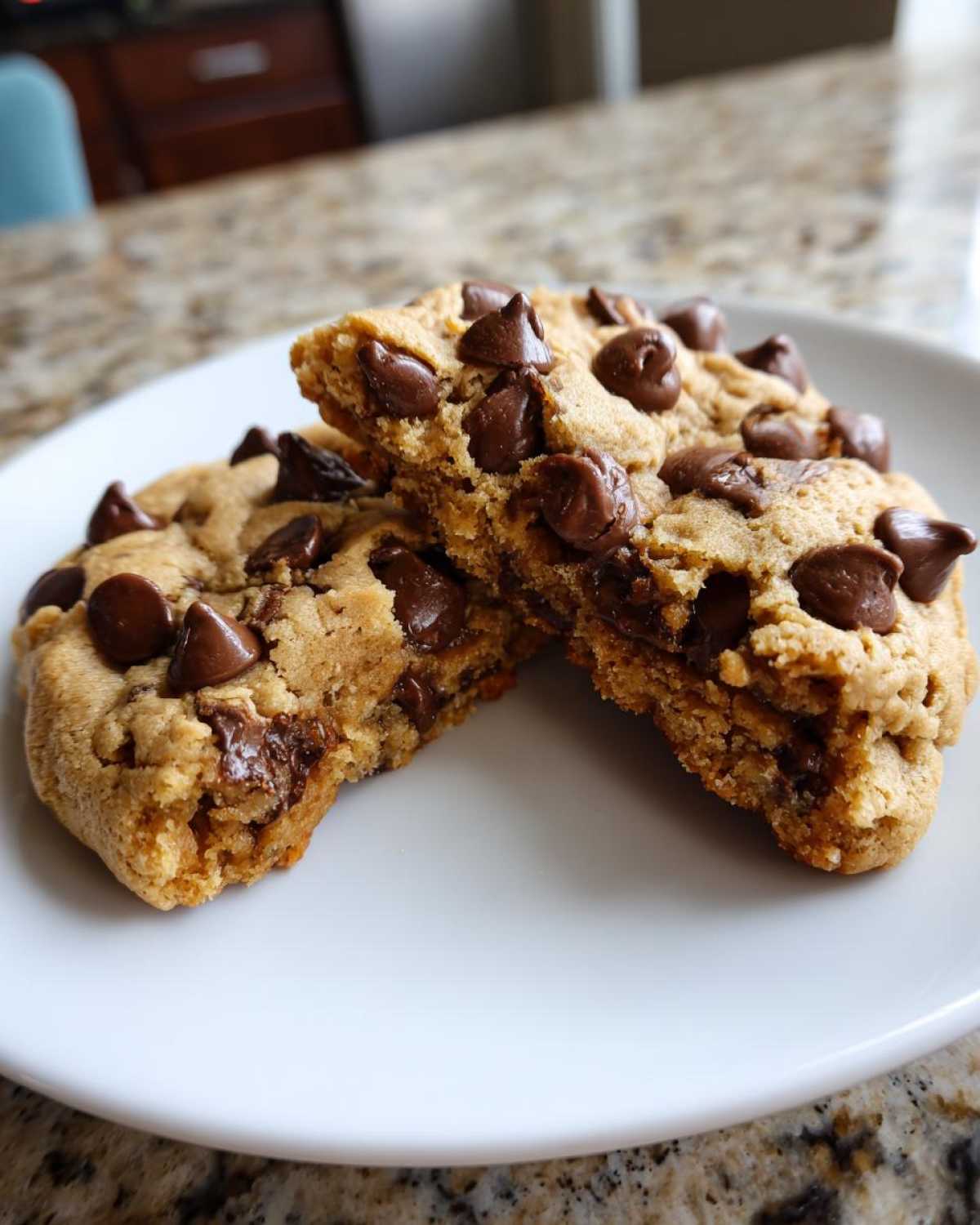 Two halves of a perfectly baked chewy chocolate chip cookies showing a soft, gooey center and abundant chocolate chips.