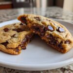 Close-up of two halves of a chewy chocolate chip cookie showing melted chocolate centers.