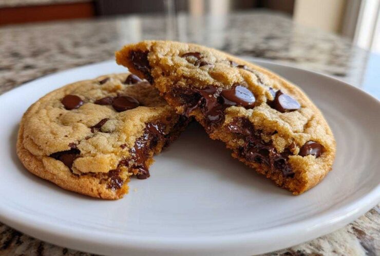 Close-up of two halves of a chewy chocolate chip cookie showing melted chocolate centers.