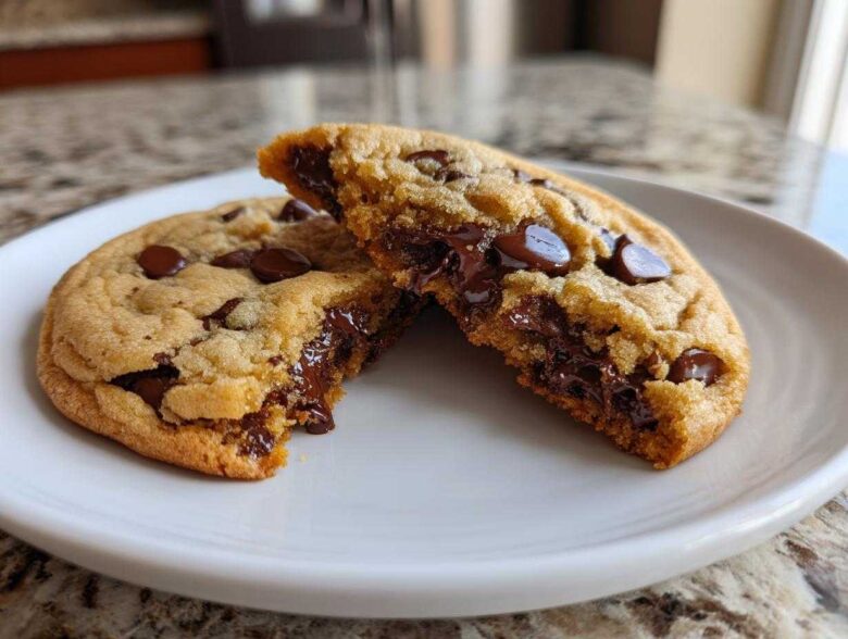 Close-up of two halves of a chewy chocolate chip cookie showing melted chocolate centers.