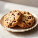 Two golden brown sourdough chocolate chip cookies stacked slightly on a small beige plate.
