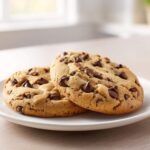 Two freshly baked, chewy sourdough chocolate chip cookies stacked slightly on a white plate.