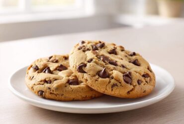 Two freshly baked, chewy sourdough chocolate chip cookies stacked slightly on a white plate.