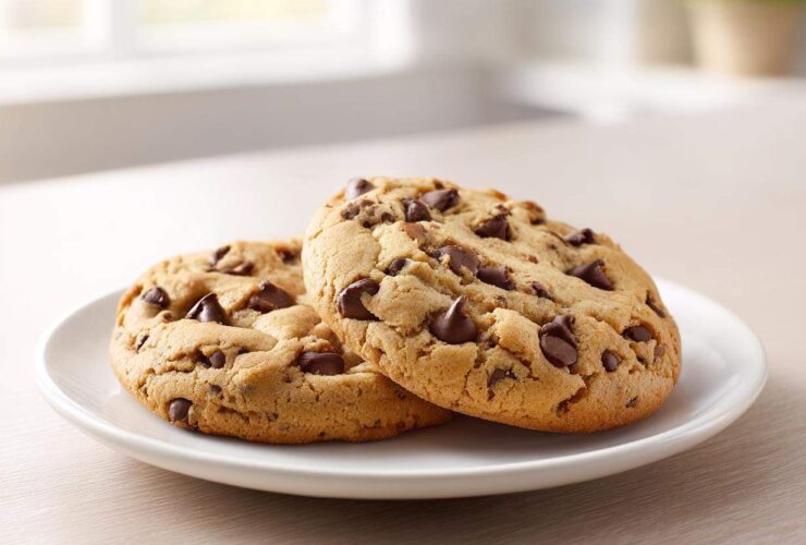Two freshly baked, chewy sourdough chocolate chip cookies stacked slightly on a white plate.