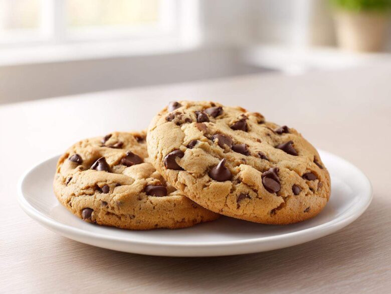 Two freshly baked, chewy sourdough chocolate chip cookies stacked slightly on a white plate.