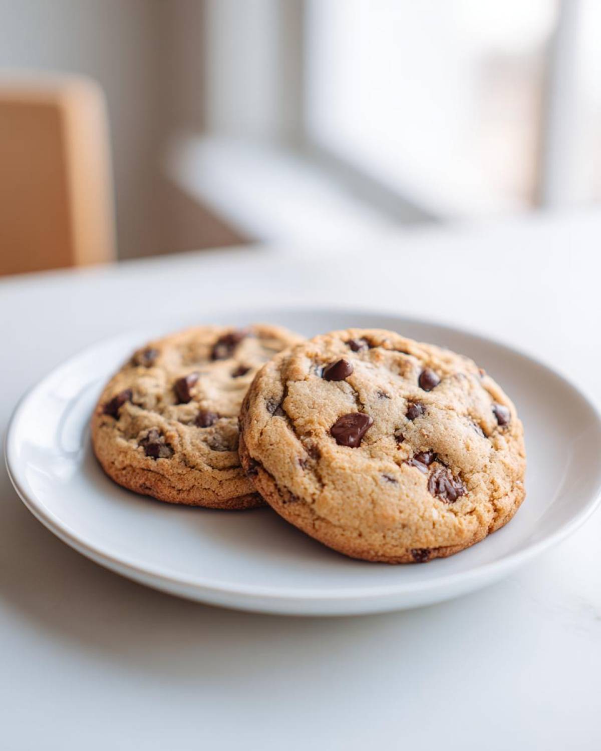Two freshly baked, chewy sourdough chocolate chip cookies resting on a small white plate.