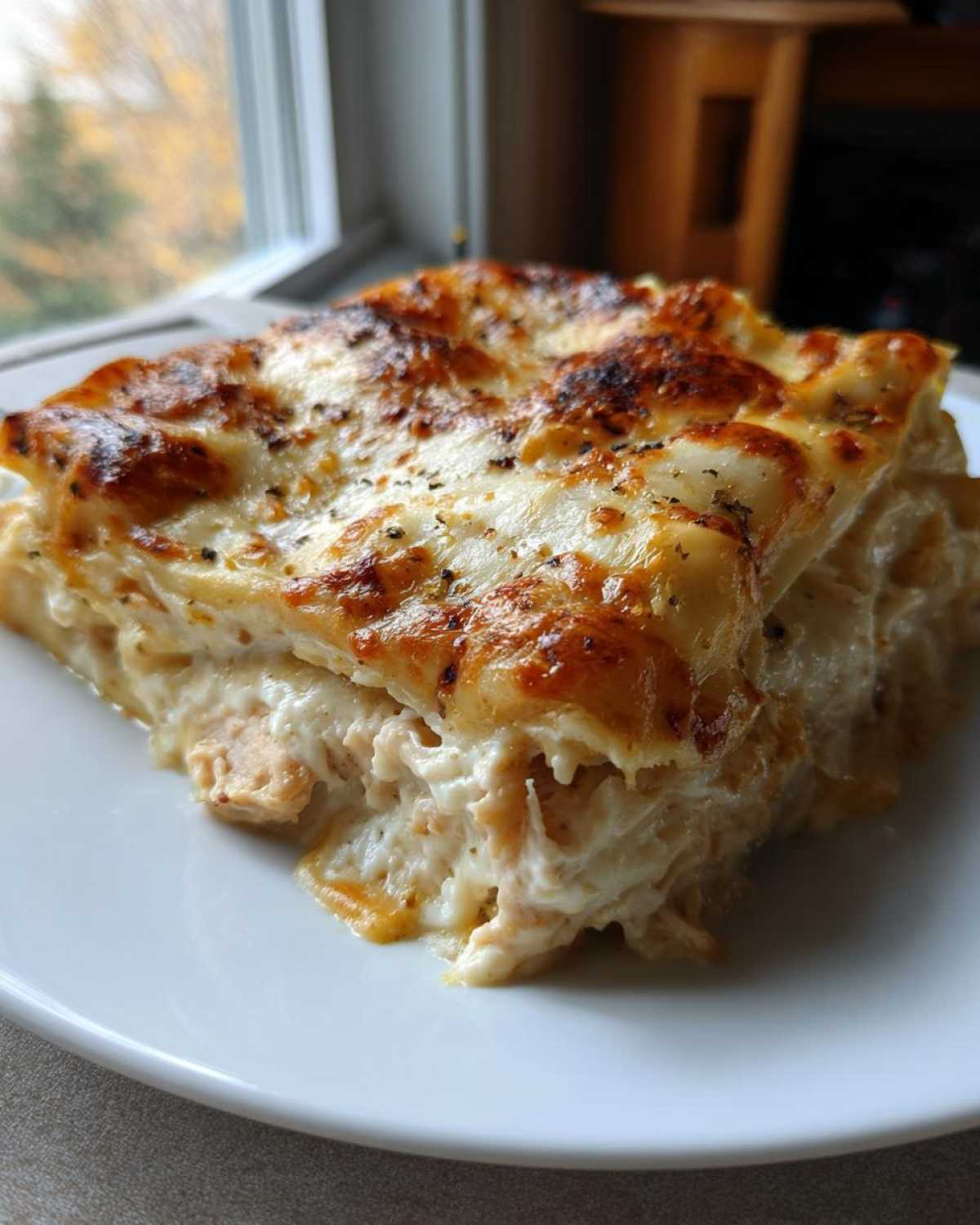 A hearty slice of baked chicken alfredo lasagna with a golden, bubbly cheese top on a white plate.