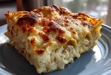 A close-up of a rich, cheesy slice of chicken alfredo lasagna with a golden-brown, bubbly top.