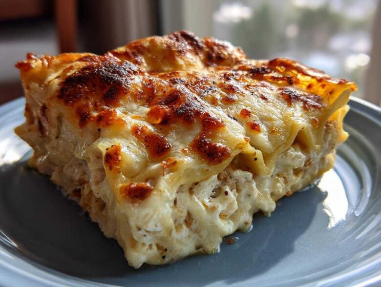 A close-up of a rich, cheesy slice of chicken alfredo lasagna with a golden-brown, bubbly top.