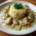 A white plate featuring creamy chicken scampi pieces surrounding a mound of garlic parmesan rice, garnished with parsley.