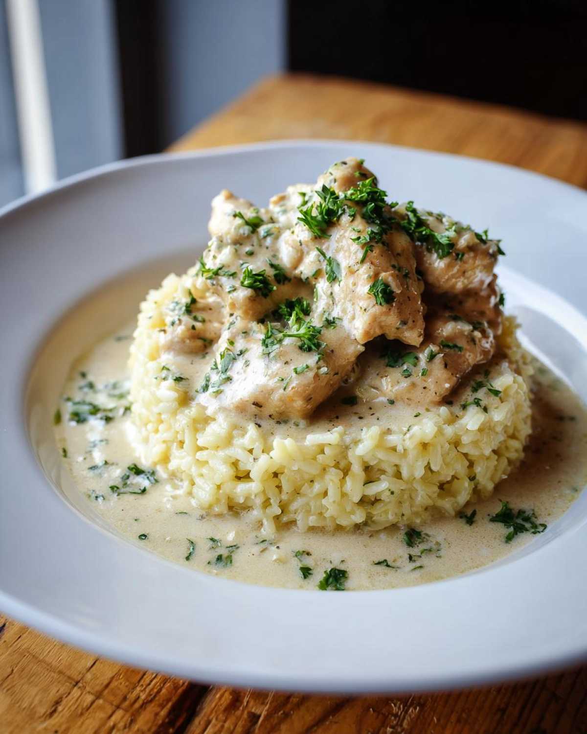 Plated chicken scampi pieces served over a mound of garlic parmesan rice, covered in creamy sauce and parsley.