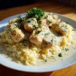 Close-up of creamy chicken scampi served over garlic parmesan rice, garnished with fresh parsley.