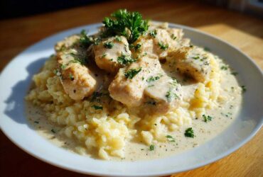 Close-up of creamy chicken scampi served over garlic parmesan rice, garnished with fresh parsley.