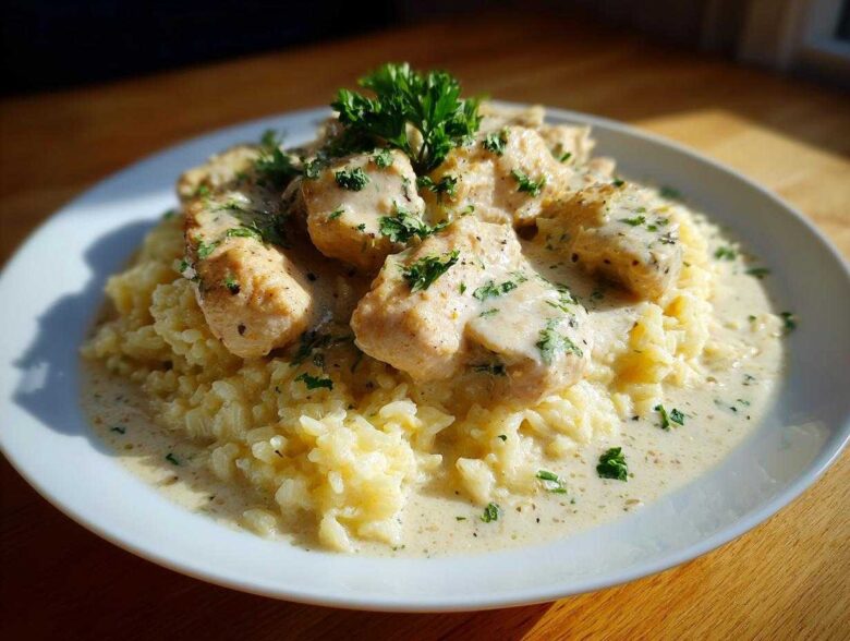 Close-up of creamy chicken scampi served over garlic parmesan rice, garnished with fresh parsley.