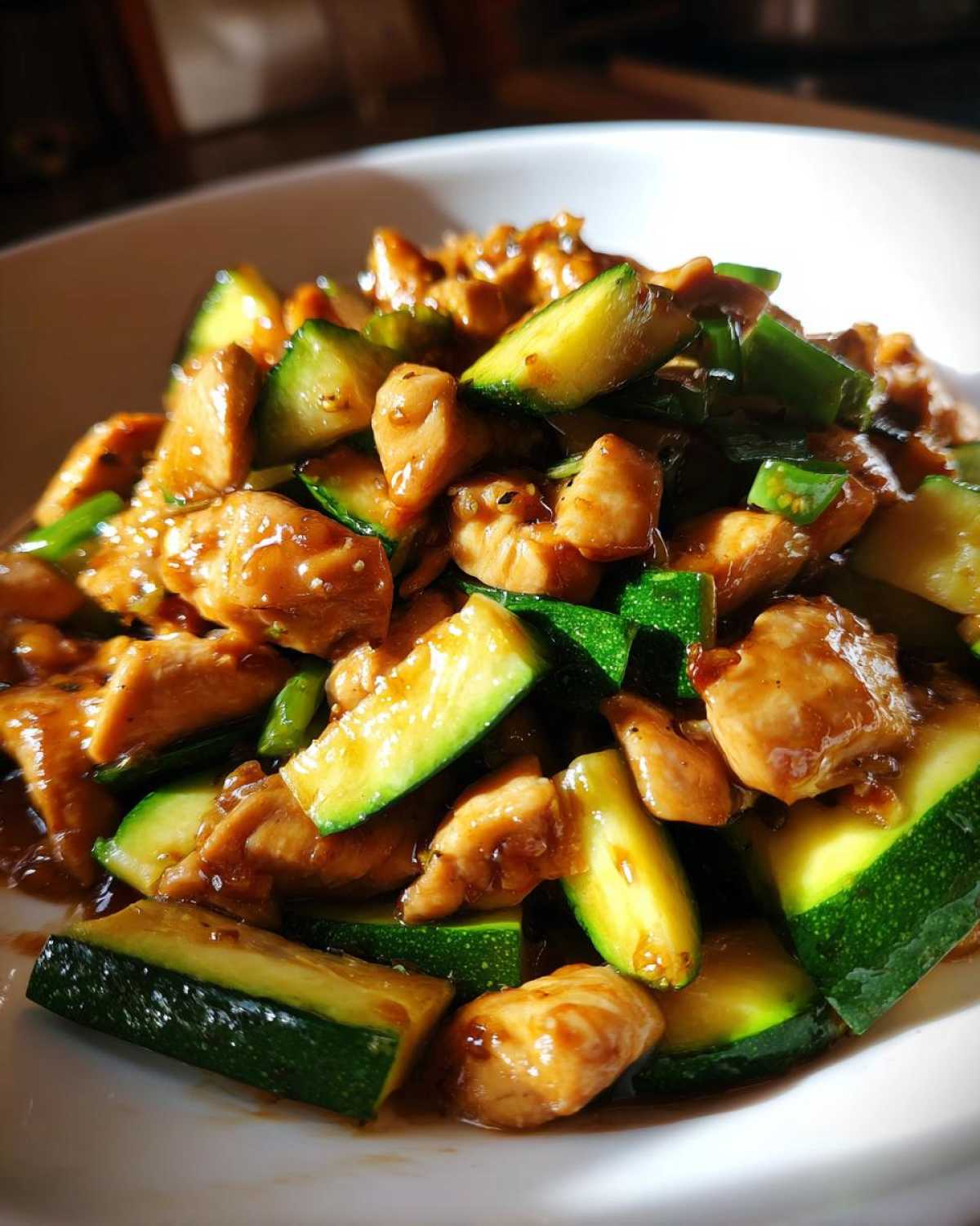 Close-up of bite-sized chicken pieces and bright green zucchini chunks coated in a savory sauce for chicken zucchini stir fry.