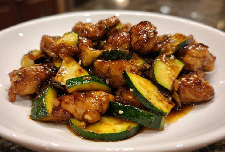 Close-up of glossy, saucy chicken zucchini stir fry pieces garnished with sesame seeds on a white plate.