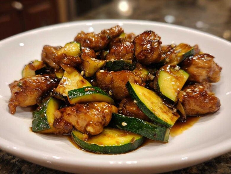 Close-up of glossy, saucy chicken zucchini stir fry pieces garnished with sesame seeds on a white plate.