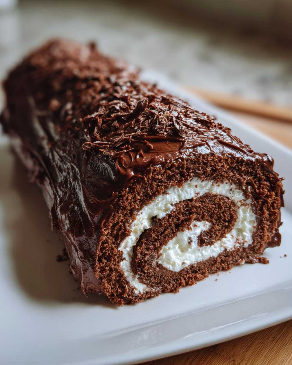 A close-up cross-section of a rich chocolate yule log cake showing the swirl of dark cake and white cream filling.
