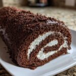 Cross-section of a rich chocolate yule log cake showing a swirl of white cream filling.