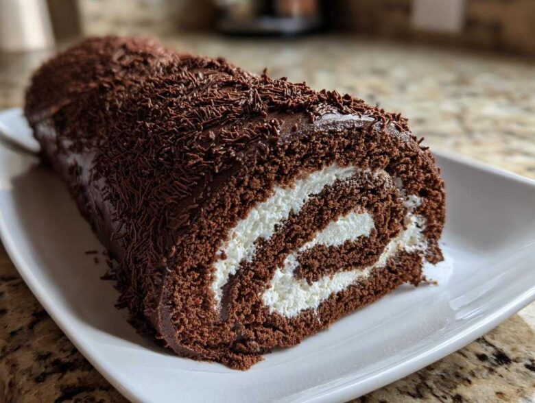 Cross-section of a rich chocolate yule log cake showing a swirl of white cream filling.