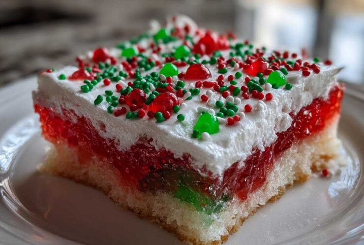 Close-up of a slice of Christmas poke cake featuring layers of white cake, red and green gelatin, whipped topping, and holiday sprinkles.
