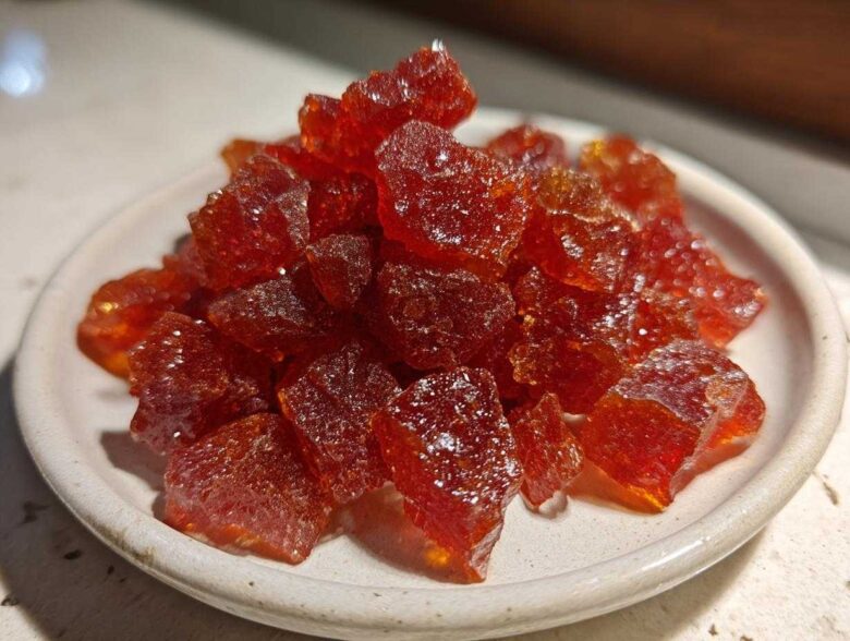 Close-up of a small white dish filled with sparkling, deep red chunks of homemade cinnamon rock candy.