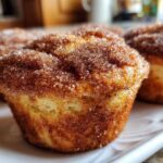 A close-up of a golden brown french toast muffins topped generously with sparkling cinnamon sugar.